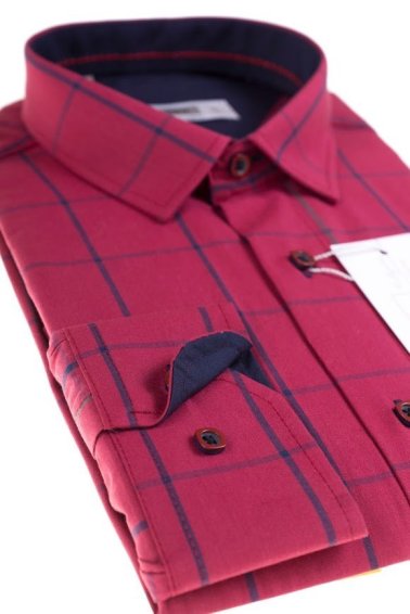 Koszula z długim rękawem Slim Fit/Slim Line - w czerwono-granatowo-szarą kratę